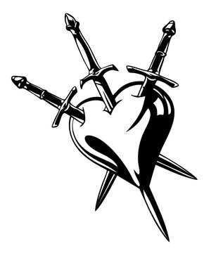 Heart pierced by three swords inspired by tarot card symbolism and sacred sorrow tattoo vector artwork