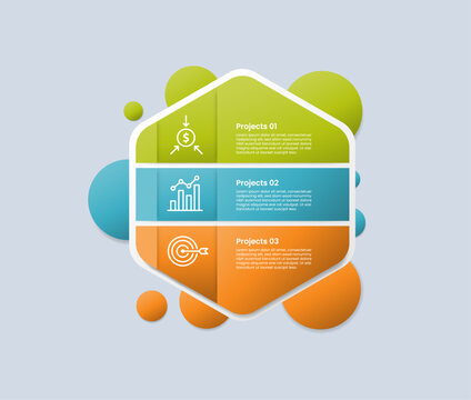 hexagon base shape infographic with glossy gradient style with stacked list inside big container with big and small circle combination with three segment information