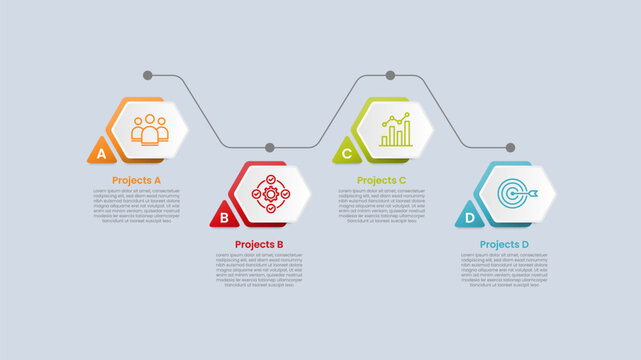 hexagon base shape infographic with glossy gradient style with double layer with small triangle badge wave up and down direction with four segment information
