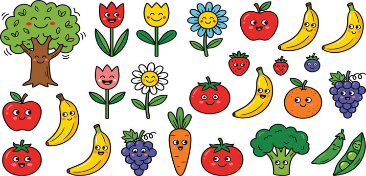 Cute Fruit Vegetable and Flower Character Collection Featuring Smiling Cartoon Food Mascots for Kids Education, Stickers, Packaging, and Fun Branding Designs