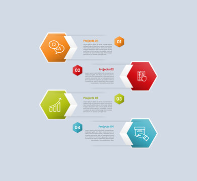 hexagon base shape infographic with glossy gradient style with open hexagon box container vertical opposite direction with four segment information