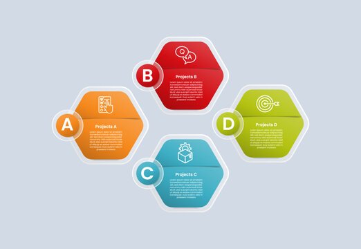 hexagon base shape infographic with glossy gradient style with half cut slice with circle badge on circular cycle with four segment information
