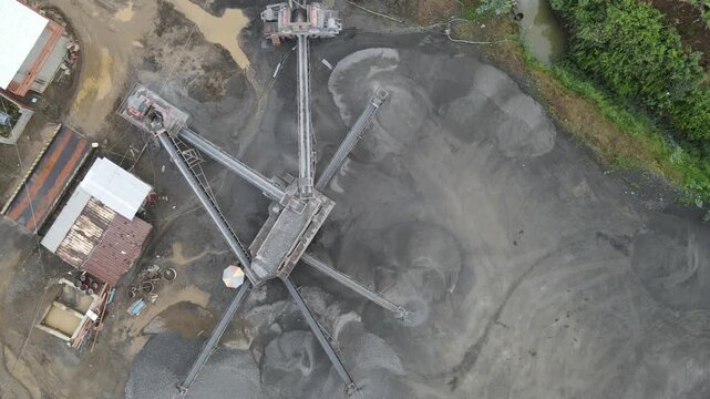 Mining Work in Quarry and Industrial Rock Crusher Facility, Mining Site from Above