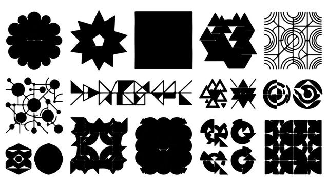 Set of Abstract Black Geometric Shapes and Symbols Isolated on Transparent Background Modern Minimalist Vector Graphics