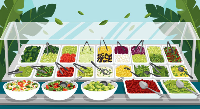 Vibrant and inviting healthy self-serve salad bar vector illustration showcasing a wide array of fresh ingredients and nutritious options