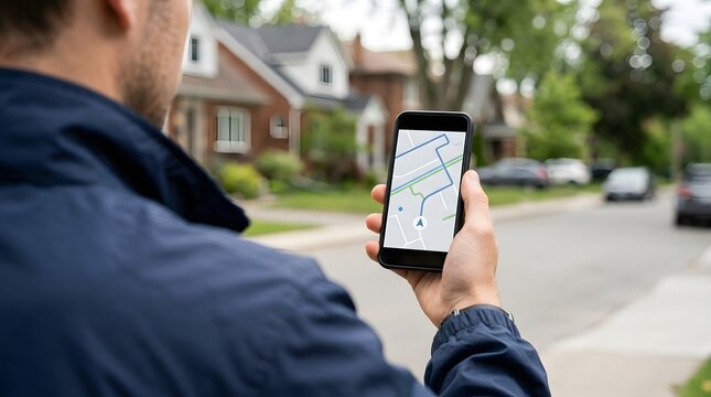 Pedestrian holds a smartphone displaying a digital navigation map while walking through a quiet residential neighborhood with soft daylight.
