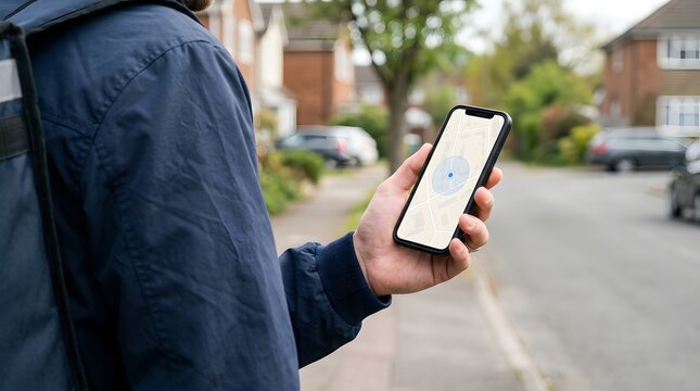 Delivery person checks a digital map on a smartphone while navigating a quiet suburban street during the day.