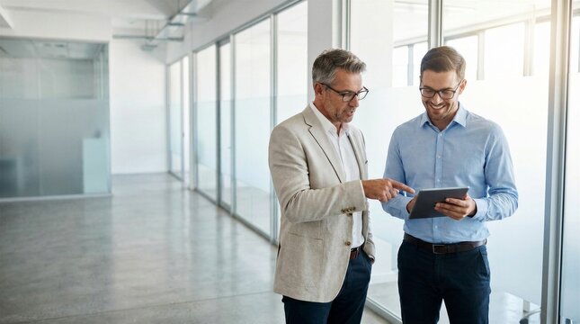 Business team of two happy successful professional business men executive working together standing in office using digital tablet computer technology managing data standing in corporate office.