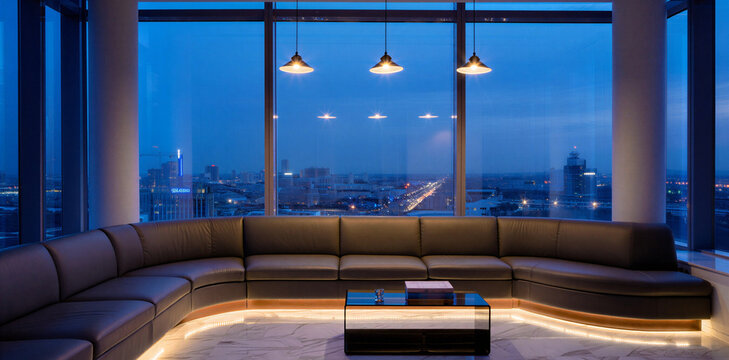 Modern luxury apartment living room with panoramic cityscape view at dusk floor to ceiling high rise building interior design apartment cityscape interior architecture