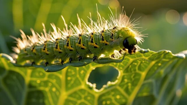 Close-up of a vibrant caterpillar crawling on a green leaf and basking in the sunlight