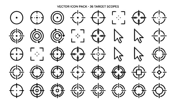 Creative crosshair target scope sight icon pack with gaming tactical and camera focus reticles
