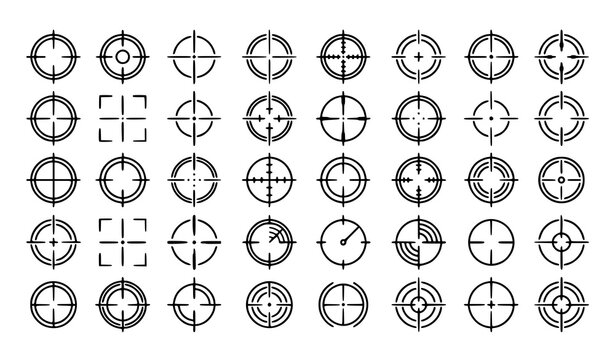 Crosshair target scope sight vector icon set with modern sniper aiming symbols and tactical reticle designs