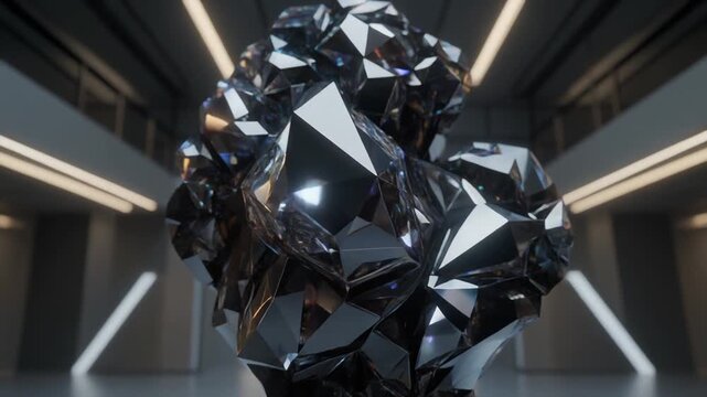 Abstract geometric anomaly, a cluster of sharp, reflective dark facets, illuminated within a pristine futuristic architectural setting, showcasing complexity and digital elegance