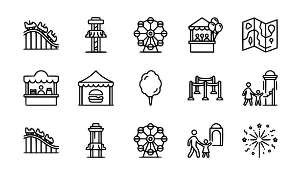 Roller coaster amusement park icon pack with carnival ride and attraction vector symbols
