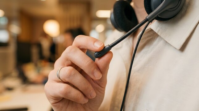 Employee adjusts a headset microphone while working in a bright office environment during a busy shift.