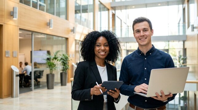Young happy professional work team of two diverse confident female and male partners employees business people man and woman standing together in office looking at camera, corporate portrait.