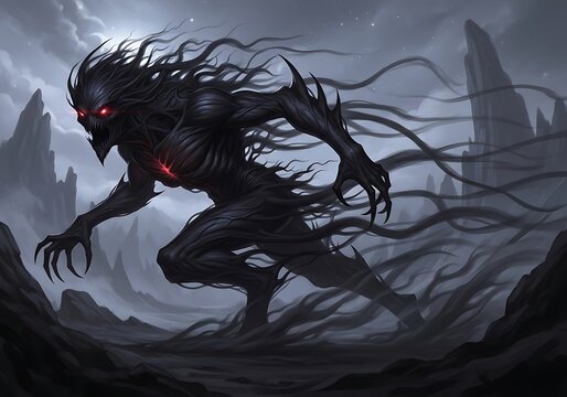 Sinister shadow creature sprinting across barren landscape dramatic art