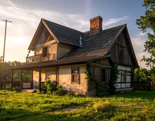 Obraz premium Rustic house in sunlight exterior view of a traditional home
