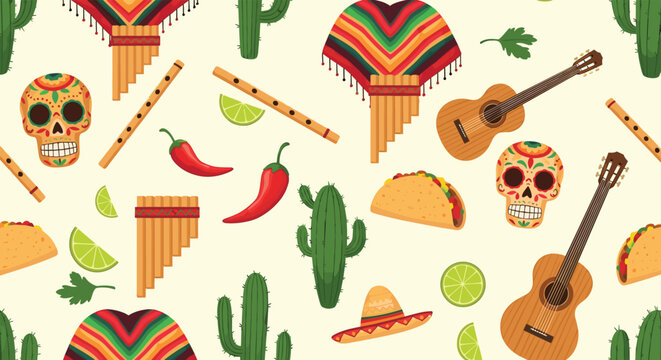 Seamless pattern with traditional Mexican elements including sugar skulls, guitars, tacos, chili peppers, cactuses, sombreros, pan flutes, and ponchos.