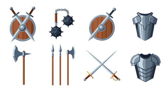 Medieval fantasy weapon and armor icons in pixel art style including swords, shields, axes, spears, flails, and steel chest plates for video games.