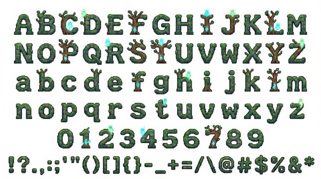 font alphabet in pixelated archway forest spirit decorative style from a to z numbers punctuation isolated on white background