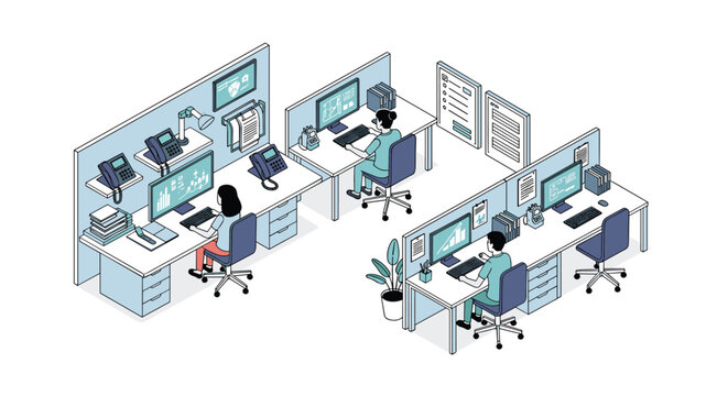 Isometric illustration of a corporate office environment with employees working at desks in cubicles equipped with computers and telephones.
