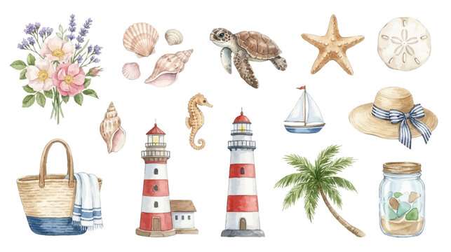 Seaside watercolor elements with tropical coastal moods. Collection of Vector illustrations for invitation, card, poster, banner, decoration