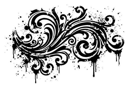 Ornamental floral scrolls with ink splatters and artistic drips in grunge style