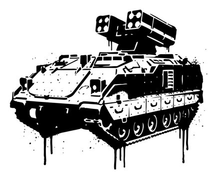 Armored missile carrier vehicle in expressive ink drip and splatter style