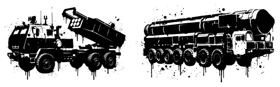 Multiple launch rocket system and mobile missile launcher trucks in ink splash style
