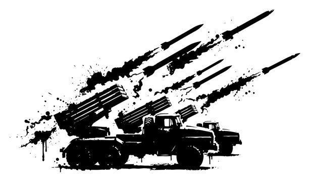 Multiple rocket launcher vehicles firing missiles in ink splash style