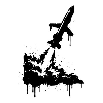 Rocket launching into sky with smoke clouds in black ink splatter style