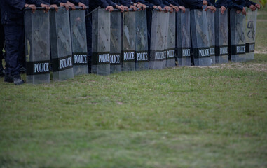 Fototapeta premium Riot police control the crowd practice and review on the grass field.