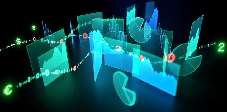 Abstract digital financial data visualization with floating charts graphs pie diagrams and numeric exchange rates over dark background hologram abstract investment economic