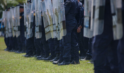 Fototapeta premium Riot police control the crowd practice and review on the grass field.