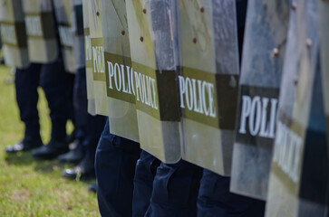 Fototapeta premium Riot police control the crowd practice and review on the grass field.