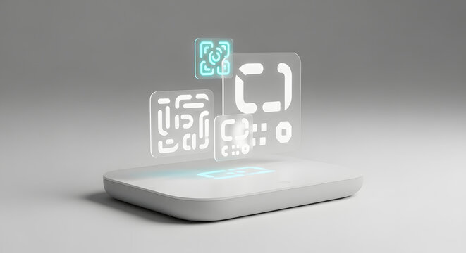 Digital holographic user interface icons floating above a modern base, conceptual technology concept representing virtual data visualization and futuristic smart device interaction.