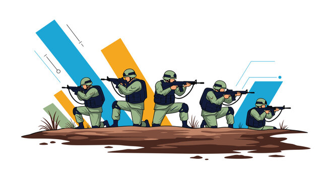 Military tactical scene featuring silhouetted soldiers in green uniforms with rifles kneeling and aiming against an abstract colorful background.