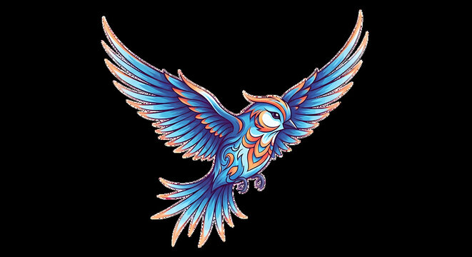 Blue and purple peacock with spread wings, intricate patterns, and eye-spots bird feathers