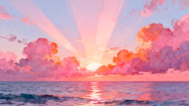 Sunset over the ocean with pink clouds