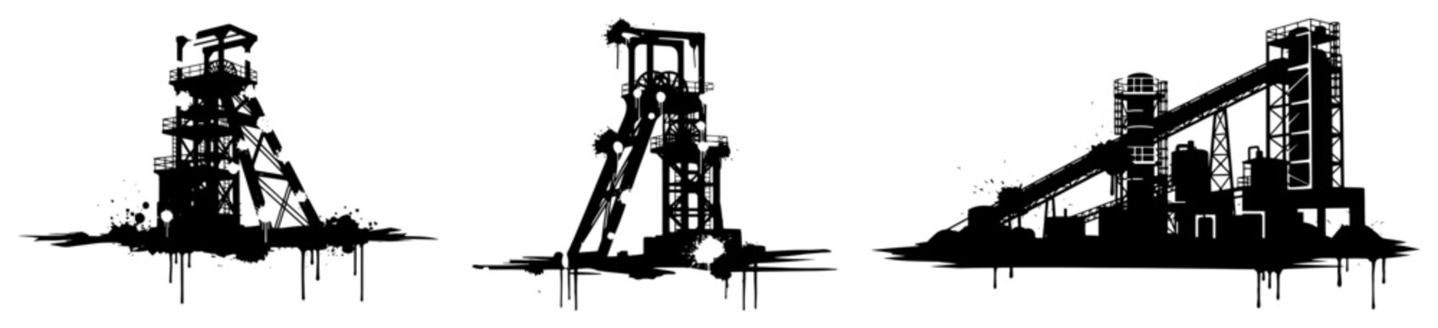 Mining headframe and industrial processing plant silhouettes in black ink grunge style