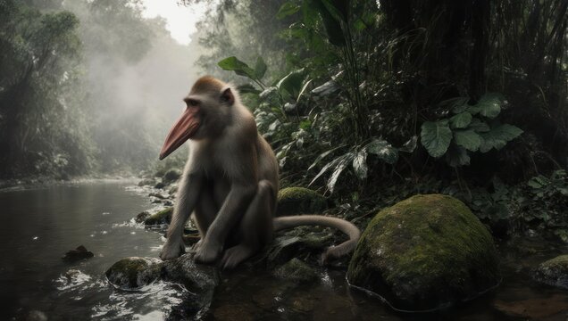 Proboscis Monkey Sitting by a Stream in a Lush Rainforest.