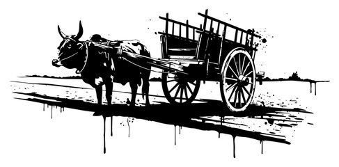 Bullock cart pulled by ox in traditional rural black ink grunge style © UrbanDruid