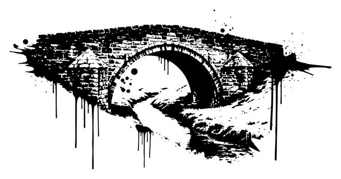 Old stone arch bridge over stream in black ink grunge stencil style