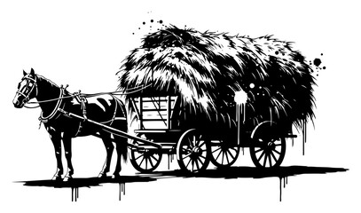 Horse pulling a wooden wagon loaded with hay in artistic ink splash style © UrbanDruid