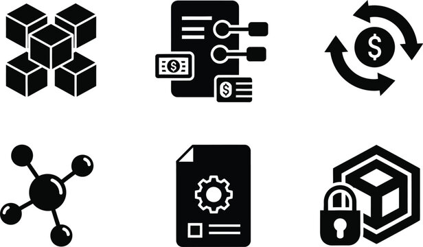 Black glyph icons representing data science finance and cybersecurity concepts