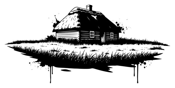 Traditional rural cottage with thatched roof in artistic ink splatter style