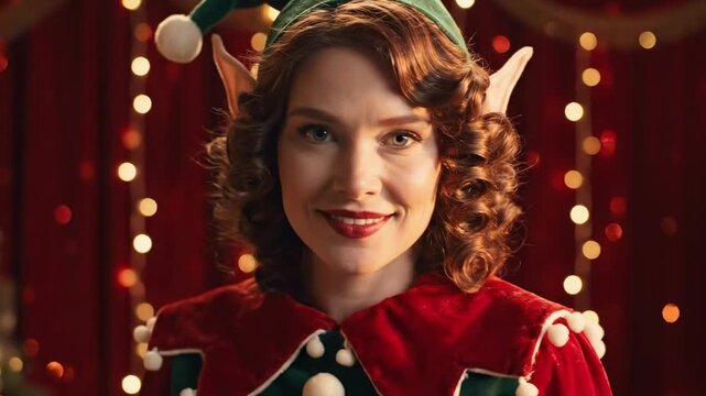 Classic elf from christmas woman with pointed ears, curled auburn hair and velvet red green costume, smiling in rich holiday room with glowing lights, festive portrait and vintage storybook mood