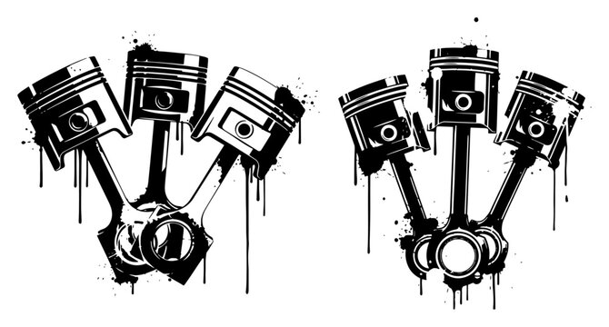 Car engine pistons and connecting rods in expressive ink drip and splatter style
