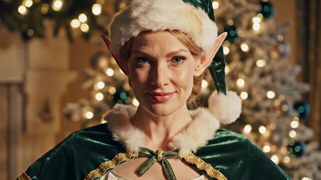 Regal elf from christmas woman with pointed ears, green velvet cape, white fur trim and gold accents, standing before sparkling tree lights, elegant festive fantasy portrait with holiday elegance